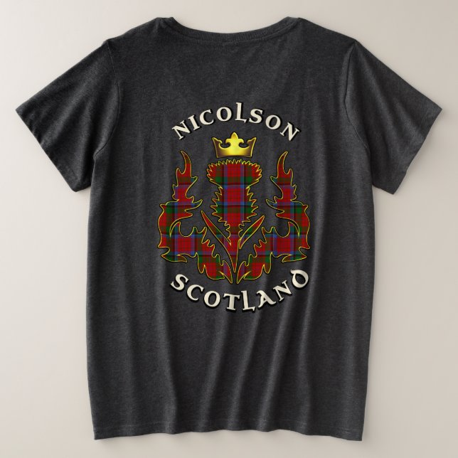 Nicolson Clan Abzeichen & Tartan w/Motto Women's Große Größe T-Shirt (Design Rückseite)