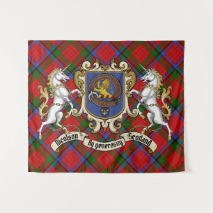 Nicolson Clan Abzeichen & Unicorns w/Tartan Wandteppich