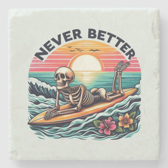 Nie besser - Skelettsurfing Sunset Wave Design Steinuntersetzer (Vorderseite)