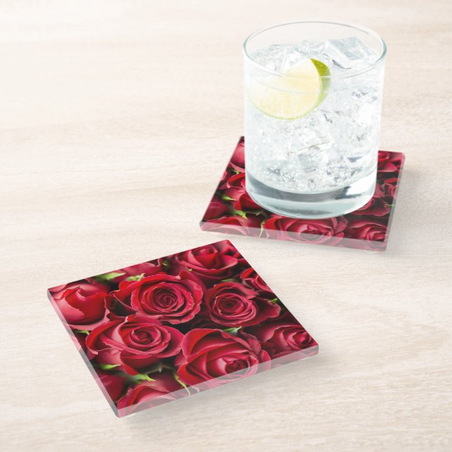 Nie genug Rote Rose Blume Glasuntersetzer (Schrägansicht)