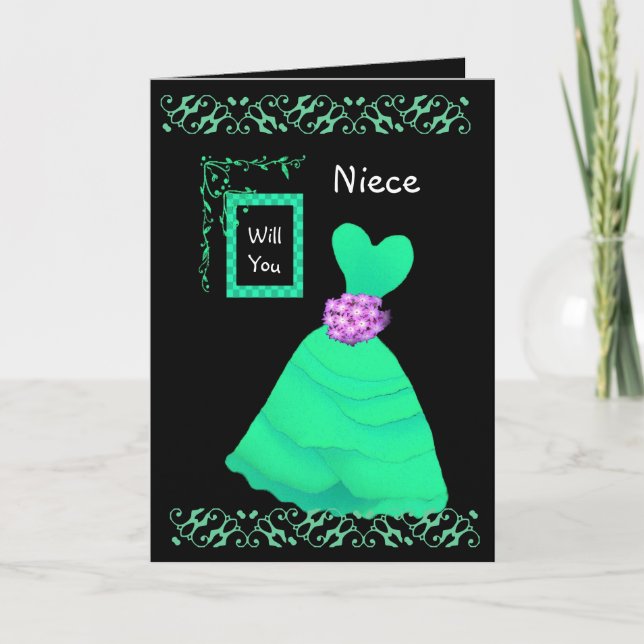 NIECE Be My Junior Bridesmaid mit GREEN Gown Einladung (Vorderseite)