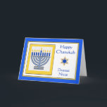Niece Chanukah Zeitgenössische Menorah Karte<br><div class="desc">Happy Chanukah Liebe Nichte,  zeitgenössische Menorah mit blauen Kerzen,  Papier Grußkarte. Digitale Illustration mit einer beleuchteten Menorah und einem Stern von David. Art,  Bild und Vers Copyright © Shoaff Ballanger Studios,  2024.</div>