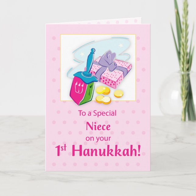Niece First Hanukkah Blue mit Dreidel und Geschenk Karte (Vorderseite)