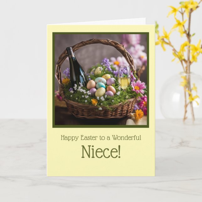 Niece Happy Easter Humor with Wine in Basket  Karte (Gelbe Blume)