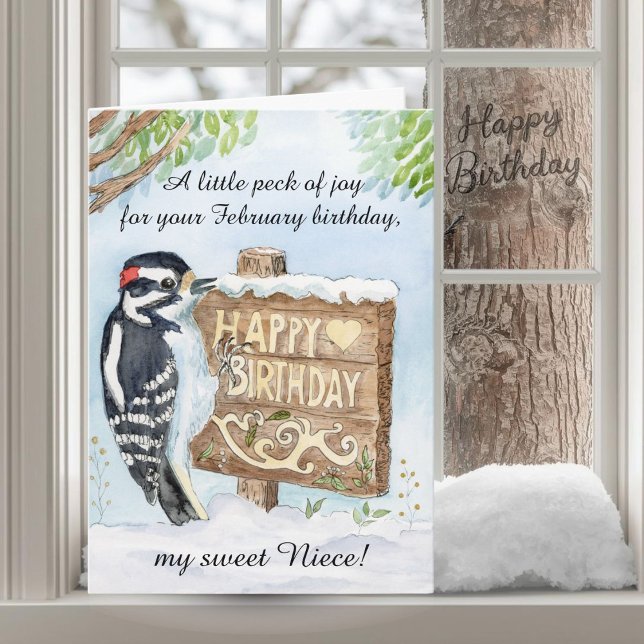 Niece Happy February Birthday Woodpecker Karte (Von Creator hochgeladen)
