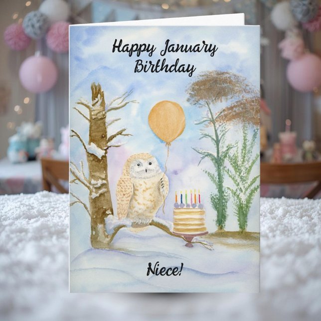 Niece Happy January Birthday Owl Cake Karte (Von Creator hochgeladen)