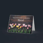 Niece Happy Mothers Day with Pretty Country Tulips Karte<br><div class="desc">Happy Mother's Day card for a wonderful niece. Cheery tulips of spring colors against rustic wood. Enjoy a playful,  customizable design that’s sure to bring a smile!</div>