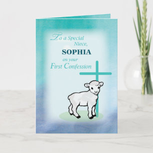 Niece Personalize Name First Confession Lamb Cross Karte