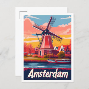 Niederlande Amsterdam Vintage Travel Illustration Postkarte