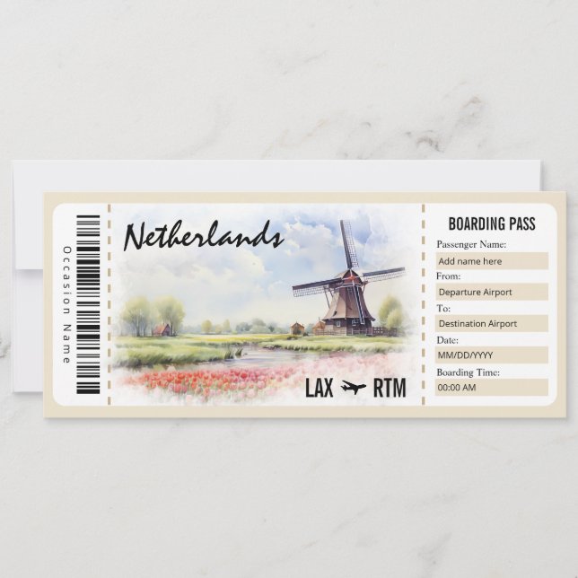 Niederlande Boarding Pass Geschenkgutschein Einladung (Vorderseite)