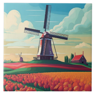 Niederlande Landschaft Windmill Tulip Field Travel Fliese
