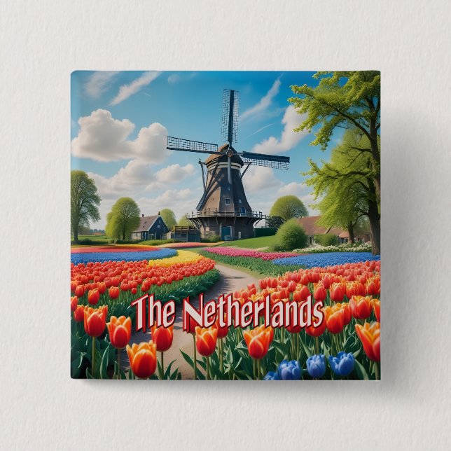 Niederlande Windmill & Tulips Button (Vorderseite)