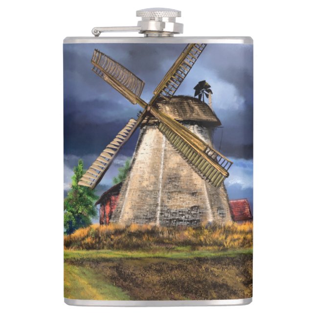 Niederlande Windmühle Landschaft Flasche Flachmann (Vorderseite)