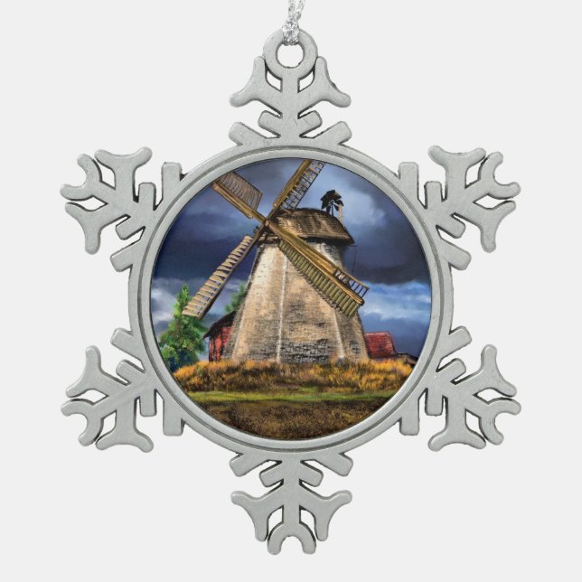 Niederlande Windmühle Landschaft Schneeflocken Zinn-Ornament (Vorderseite)