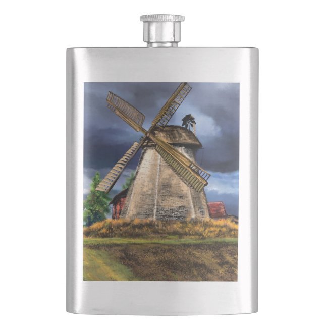 Niederlande Windmühle Landschaft Zeichnend Flasche Flachmann (Vorderseite)