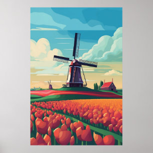 Niederlande Windmühle Tulpenfeld Illustration Poster