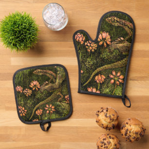 Niederländisch Art Nouveau Lizard und Wildblumen Ofenhandschuh & Topflappen-Set