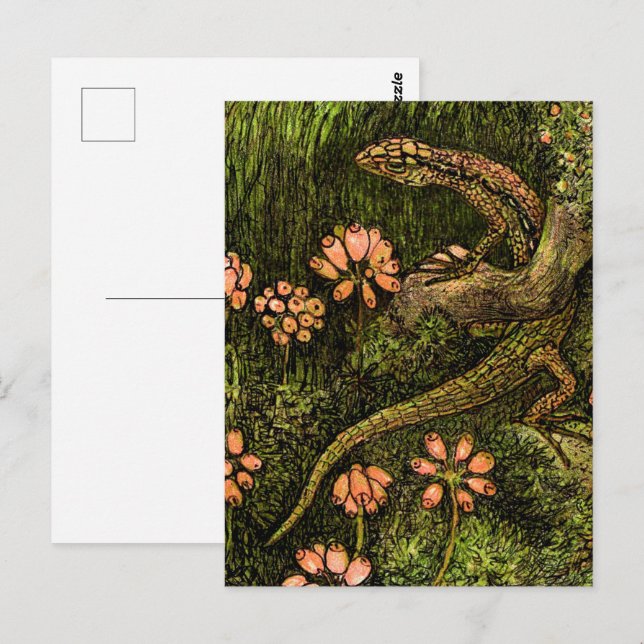 Niederländisch Art Nouveau Lizard und Wildblumen Postkarte (Vorne/Hinten)