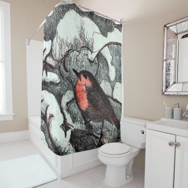 Niederländisch Art Nouveau Robin Bird im Winter Duschvorhang (Beispiel)