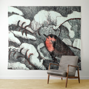 Niederländisch Art Nouveau Robin Bird im Winter Wandteppich
