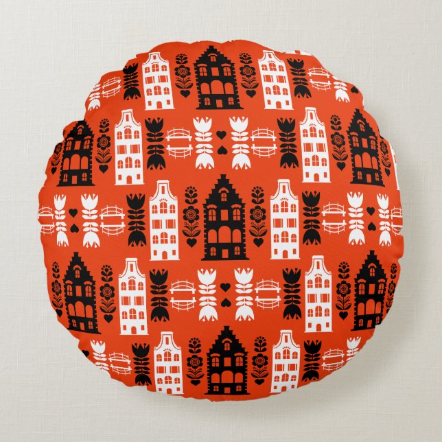 Niederländisch Folk Art Print Rundes Kissen (Vorderseite)