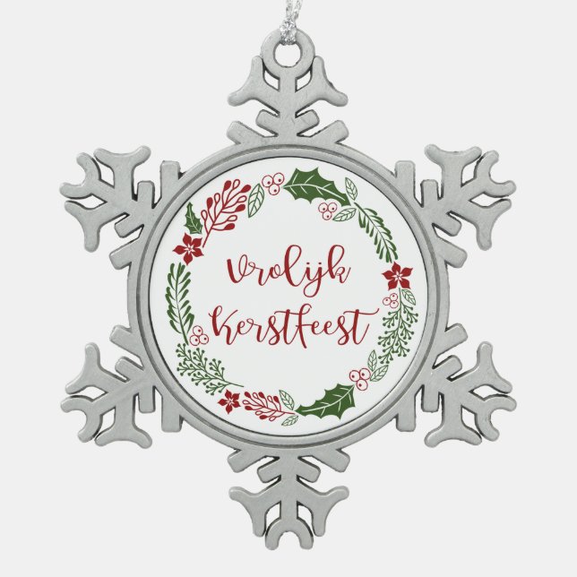 Niederländisch Frohe Weihnachtsfeier, Vrolijk Kers Schneeflocken Zinn-Ornament (Vorderseite)