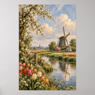 Niederländisch inspirierte Windmühle und Tulpenkan Poster