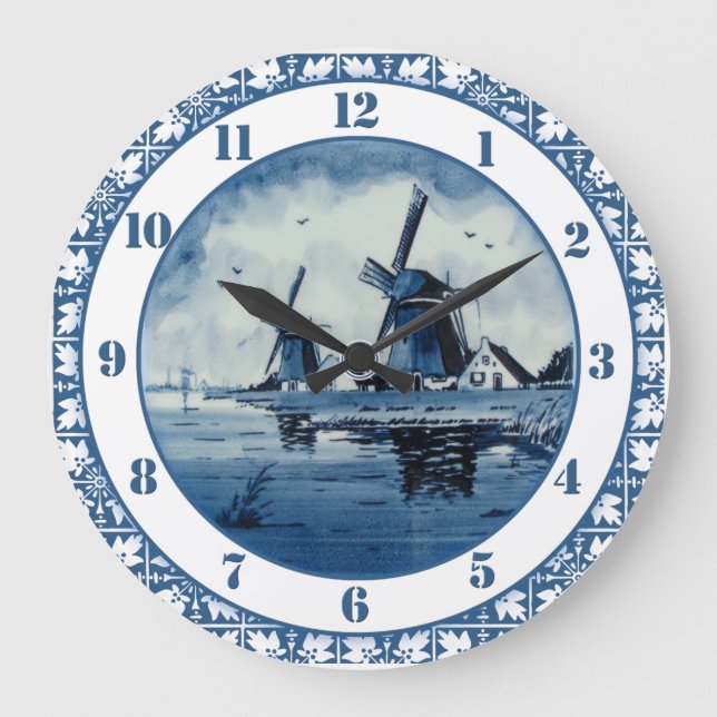 Niederländische Windmühle Delft färbt Blau und Große Wanduhr (Vorderseite)