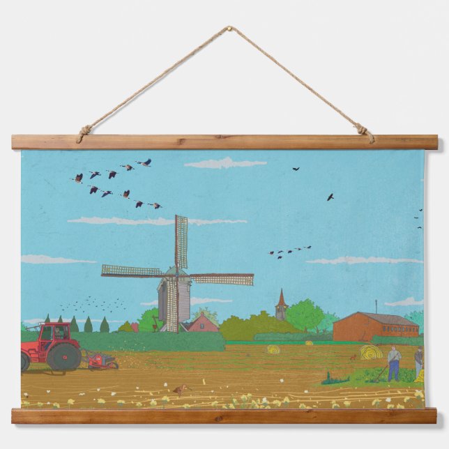Niederländische Windmühle Landschaft Niederlande Wandteppich Mit Holzrahmen (Vorne)