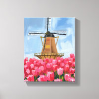 Niederländische Windmühle Tulpen-Blumenfeld Aquare