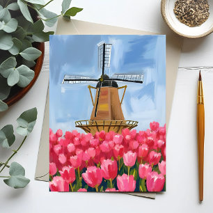 Niederländische Windmühle Tulpenblumenfeld Aquarel Postkarte