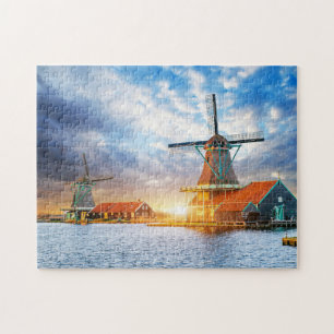 Niederländische Windmühlen Cloudy Sunset Rotterdam Puzzle