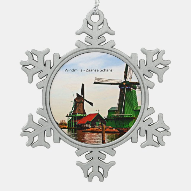Niederländische Windmühlen, Zaanse Schans, Schneeflocken Zinn-Ornament (Vorderseite)