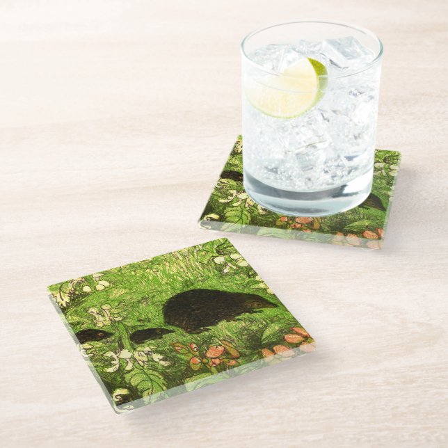 Niederländischer Jugendstil-Igel und Babys Glasuntersetzer (Schrägansicht)