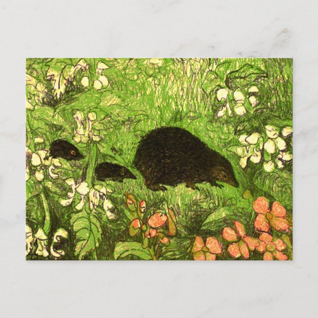 Niederländischer Jugendstil-Igel und Babys Postkarte (Vorderseite)