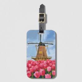 Niederländisches Windmühlen-Tulpen-Blumenfeld-Aqua Gepäckanhänger