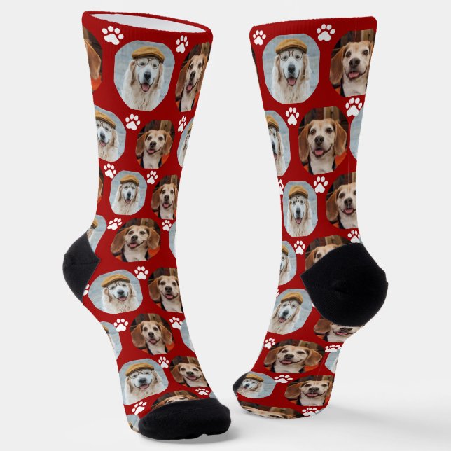 Niedlich 2 Pet 2 Foto Paw Print Deep Red Socken (Gewinkelt)