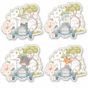 Niedlich 4 Waldtiere Vintage Car Foliage Junge Aufkleber