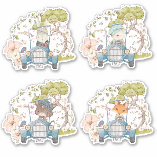 Niedlich 4 Waldtiere Vintage Car Foliage Junge Aufkleber (Vorderseite)