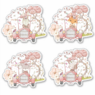 Niedlich 4 Woodland Animals Vintage Car Foliage Gi Aufkleber