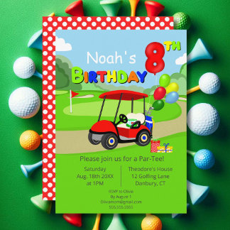 Niedlich 8. Geburtstag Red Golf Cart Boy's Einladung