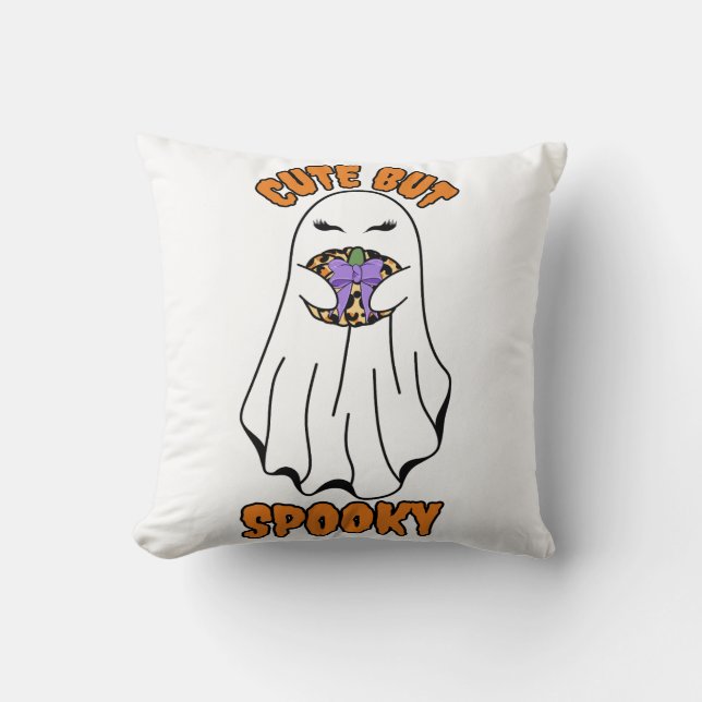 Niedlich, aber Spooky Halloween Ghost Holing a Pum Kissen (Vorderseite)