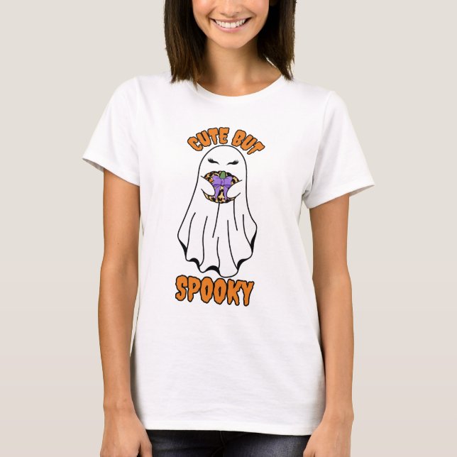 Niedlich, aber Spooky Halloween Ghost Holing a Pum T-Shirt (Vorderseite)