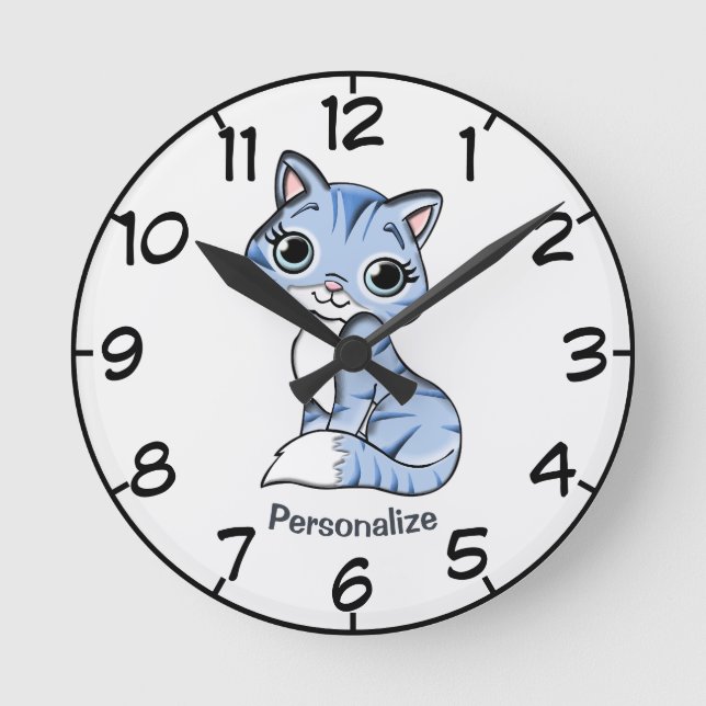 Niedlich & Adorable Blue Kitten Cartoon Persönlich Runde Wanduhr (Vorderseite)