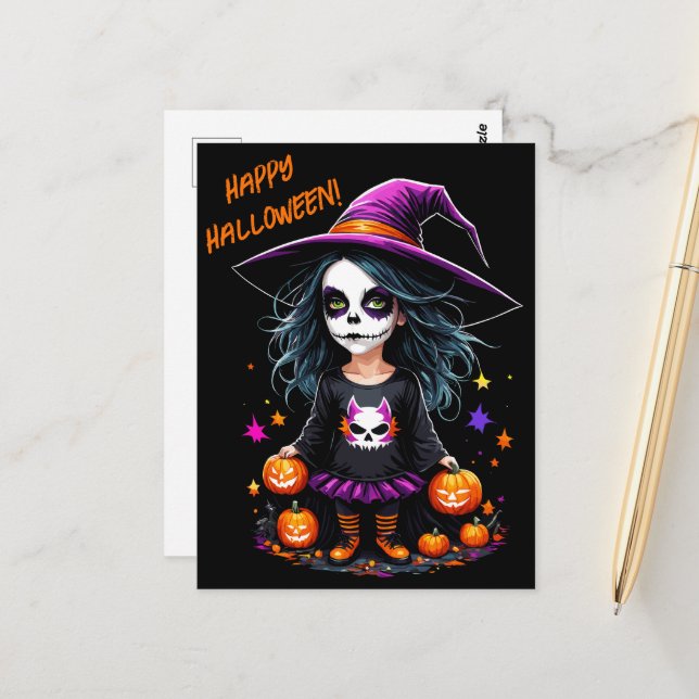 Niedlich Adorable Kawaii Halloween Hexe Postkarte (Vorderseite/Rückseite Beispiel)