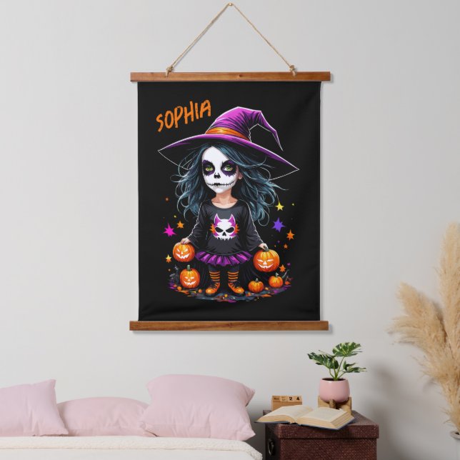 Niedlich Adorable Kawaii Halloween Hexe Wandteppich Mit Holzrahmen (Schlafzimmer)