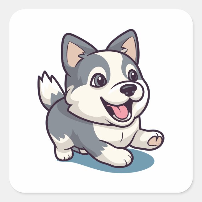 Niedlich Adorable Moderner Cartoon Husky Dog Quadratischer Aufkleber (Vorderseite)
