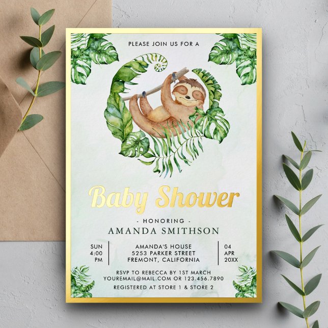 Niedlich Adorable Sloth Baby Dusche Gold Folieneinladung (Von Creator hochgeladen)