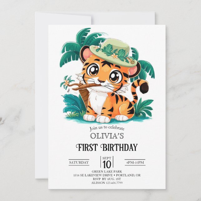 Niedlich Adorable Tiger 1. Geburtstag digital Einladung (Vorderseite)