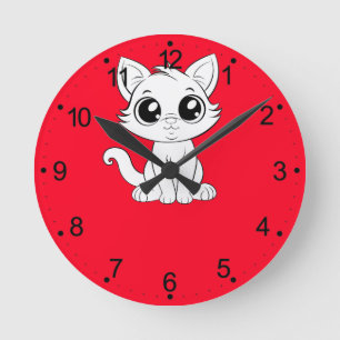 Niedlich Adorable White Cat Runde Wanduhr